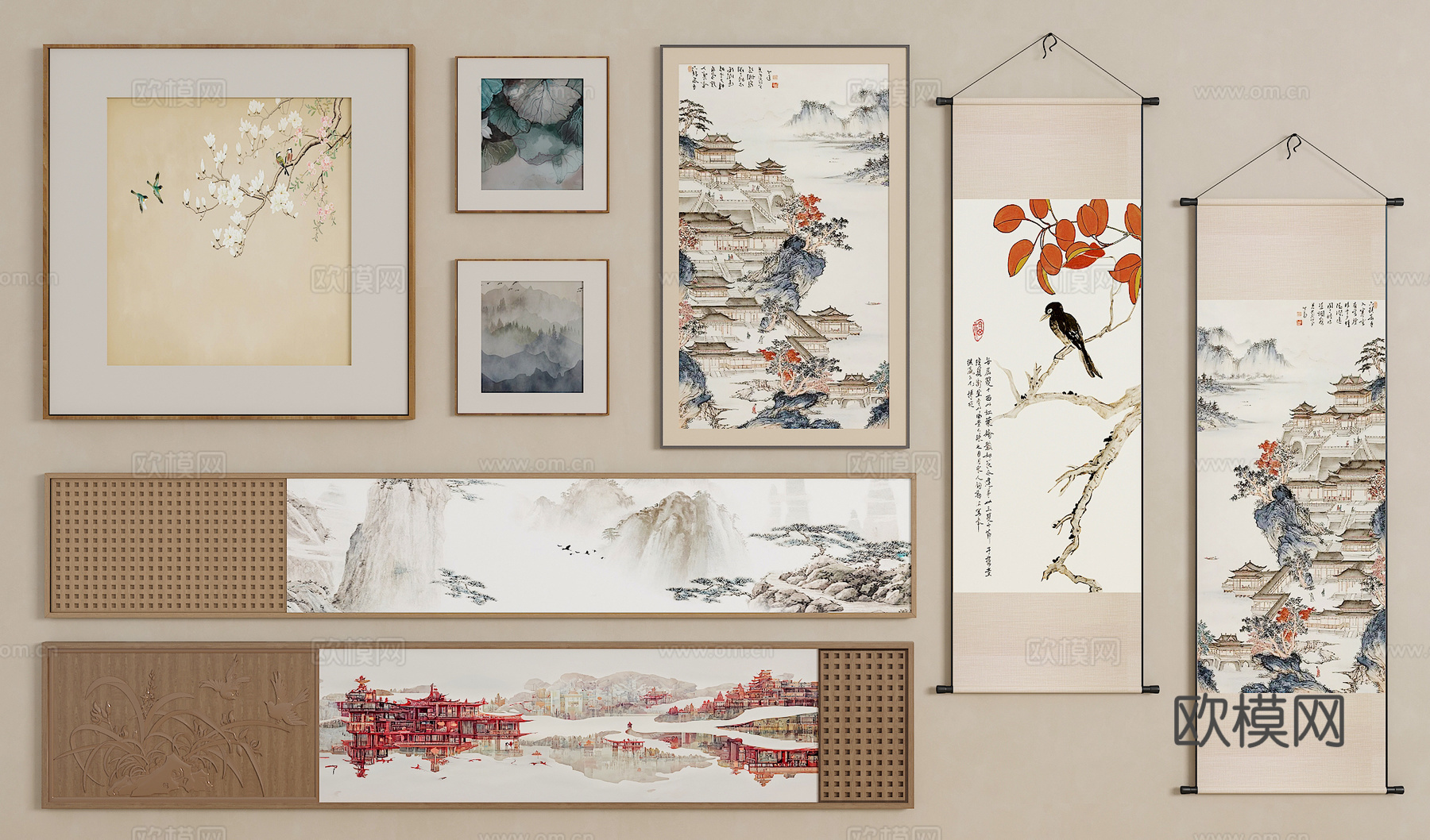 New Chinese style hanging paintings Song’s medieval style hanging paintings Long strip hanging paintings Horizontal hanging paintings Hanging painting combination 3D model