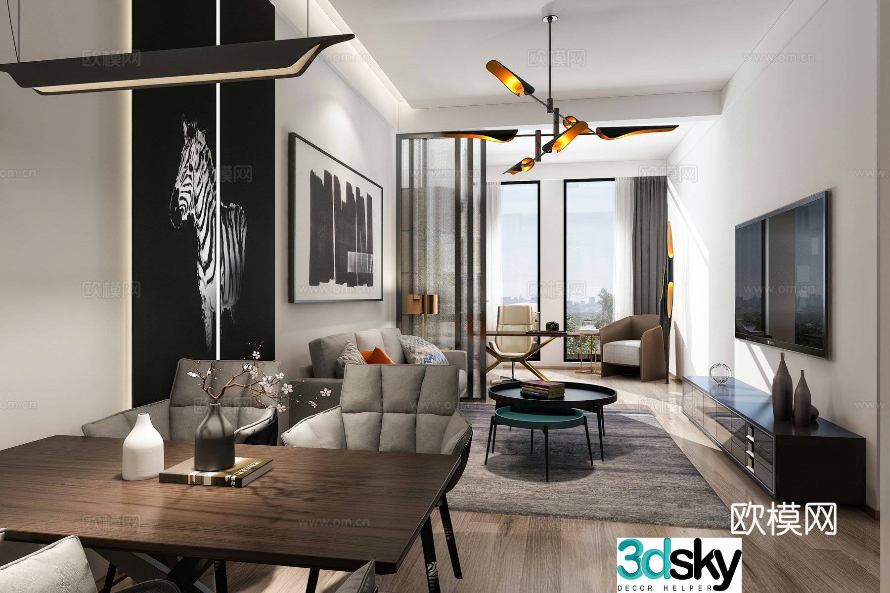 Modern living and dining table sofa coffee table chandeliers TV cabinet 3d model