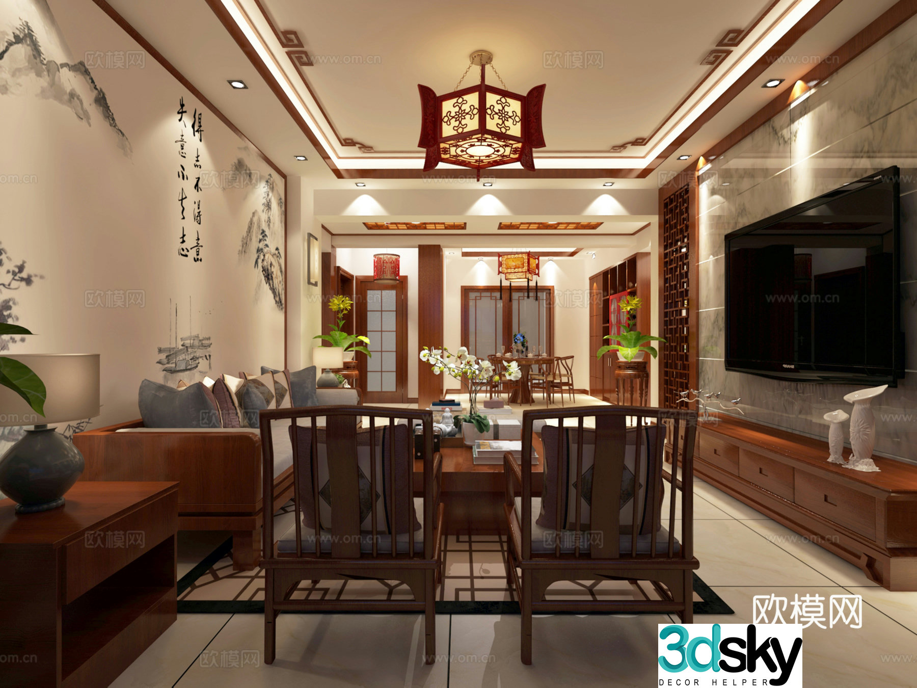 Zen Chinese style living and dining room sofa coffee table dining table chair hanging painting objects ornaments chandeliers 3D model