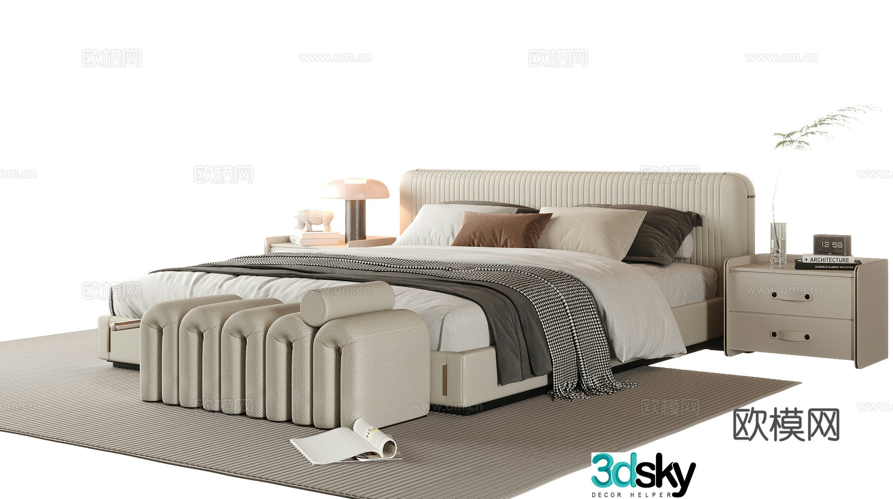 Modern double bed bed tail stool bedside table 3D model