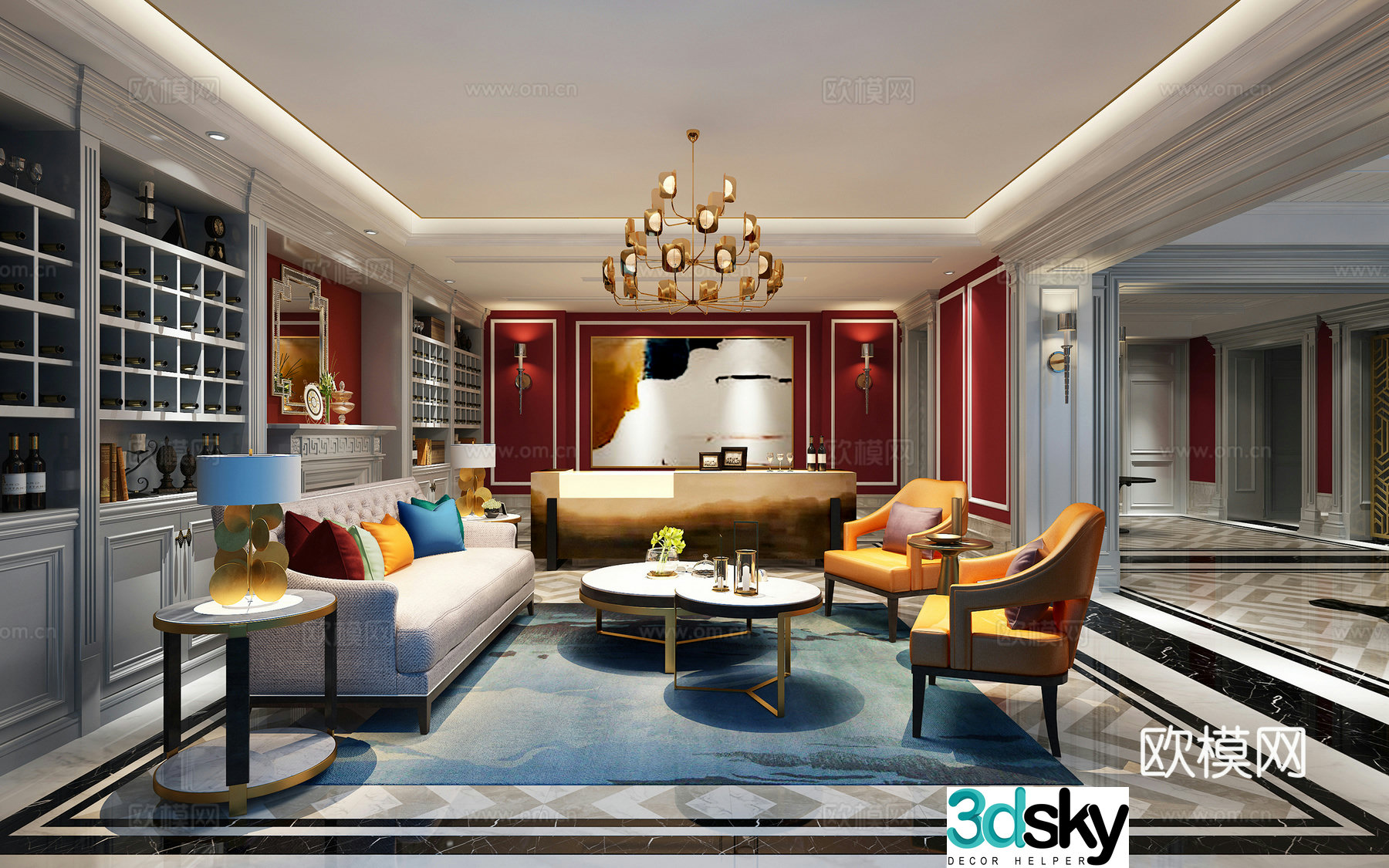 European living room and dining room multi-person sofa single sofa coffee table chandeliers bar steel 3D model