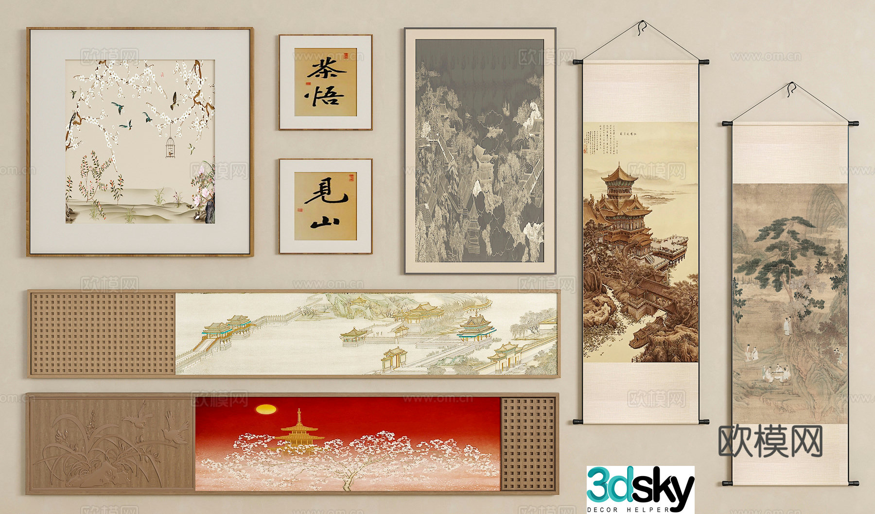 New Chinese style hanging paintings Song’s medieval style hanging paintings Long strip hanging paintings Horizontal hanging paintings Hanging painting combination 3D model