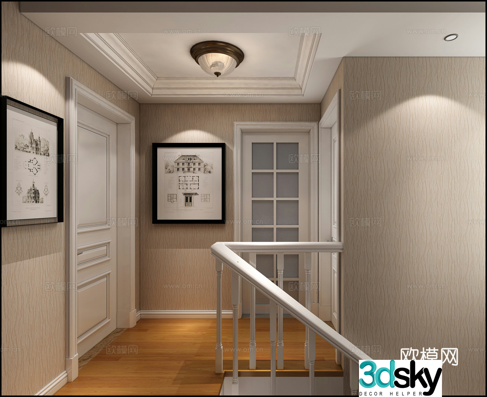 Modern simple American duplex sofa chandeliers open kitchen stair curtains bar 3D model hanging paintings