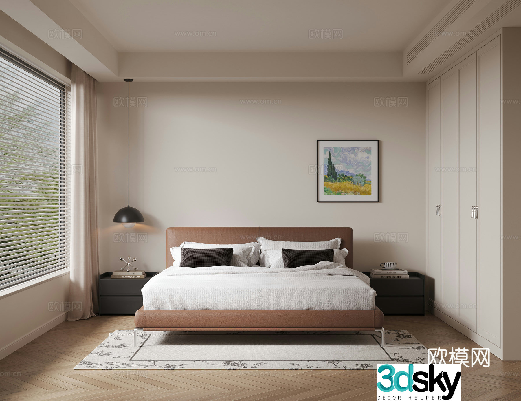 Modern bedroom Double bed nightstand chandeliers hanging paintings wardrobe carpet curtains ornaments 3d model
