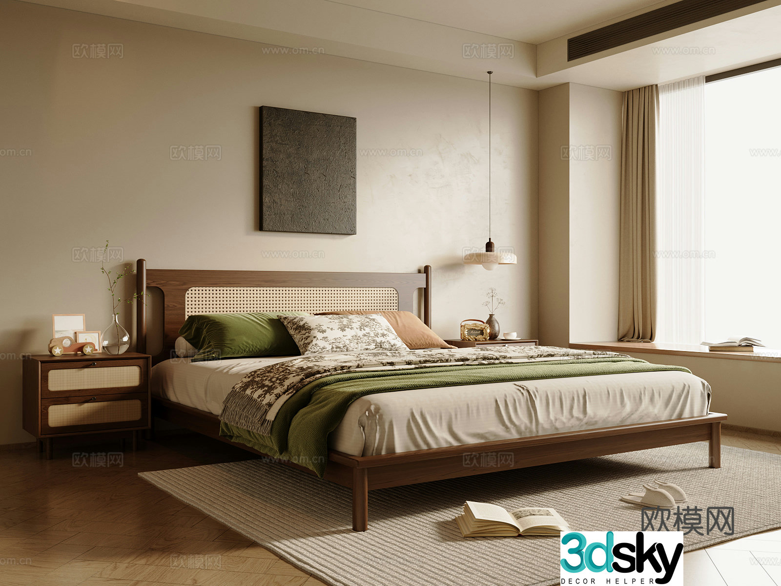 Middle-aged bedroom solid wood double bed bedside table bedroom without owner light 3D model
