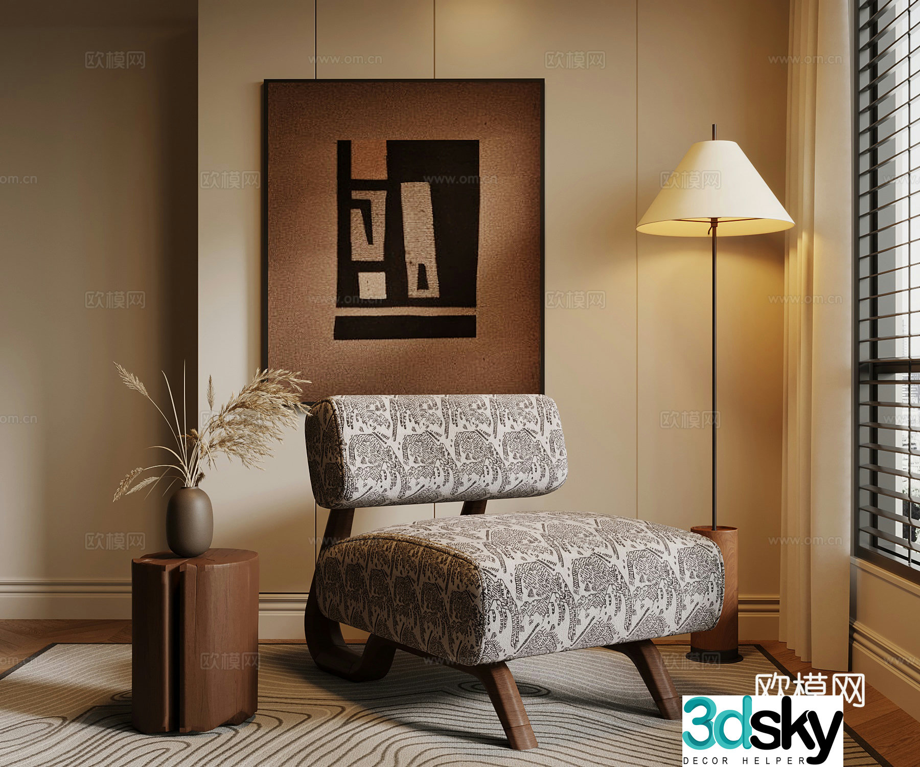Medium style leisure chair floor lamp side table decorative painting 3D model