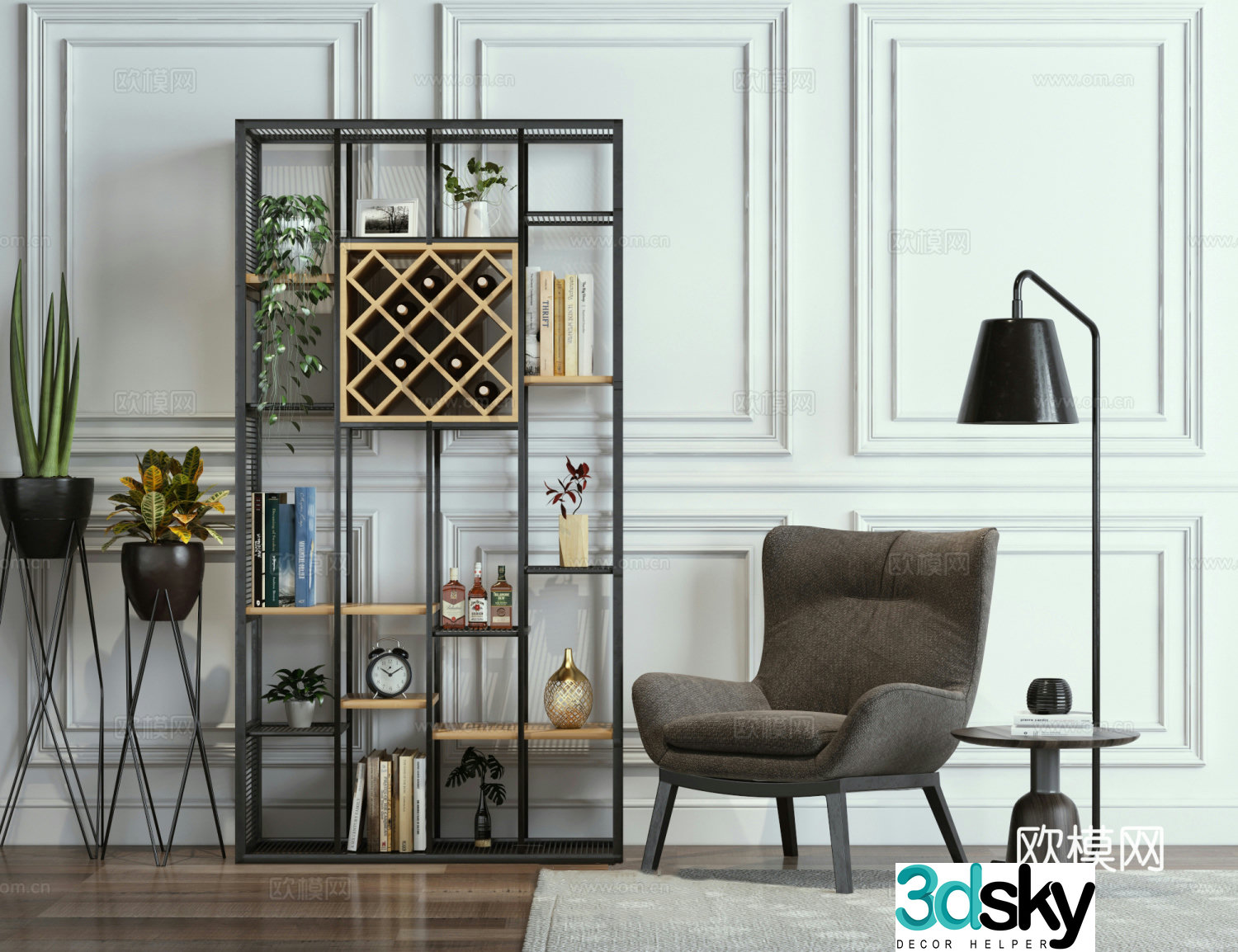 Industrial style storage rack casual gray sofa seat industrial style floor lamp flower rack 3d model