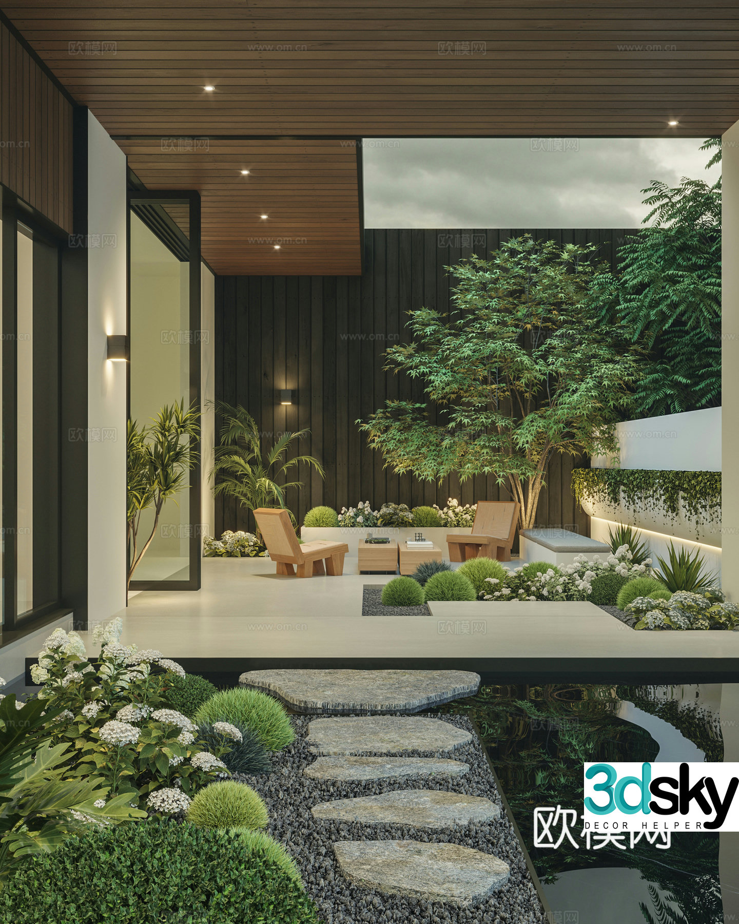 Modern minimalist villa garden courtyard 3d model