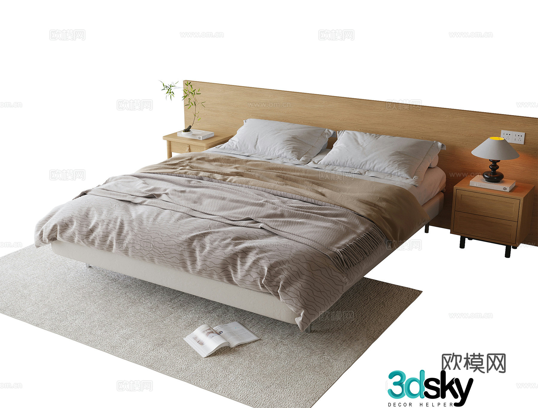 Modern double bed nightstand 3d model