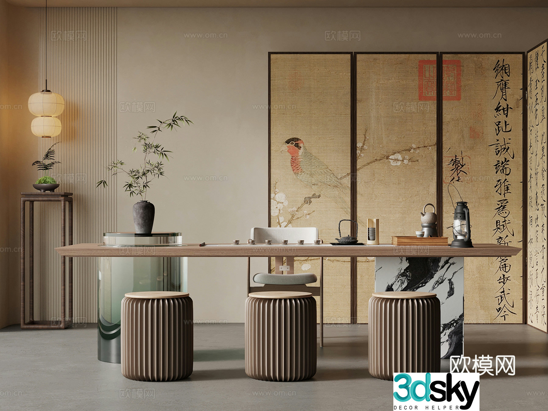 Tea room New Chinese style tea room Tea table and chair combination Tea table Screen 3D model