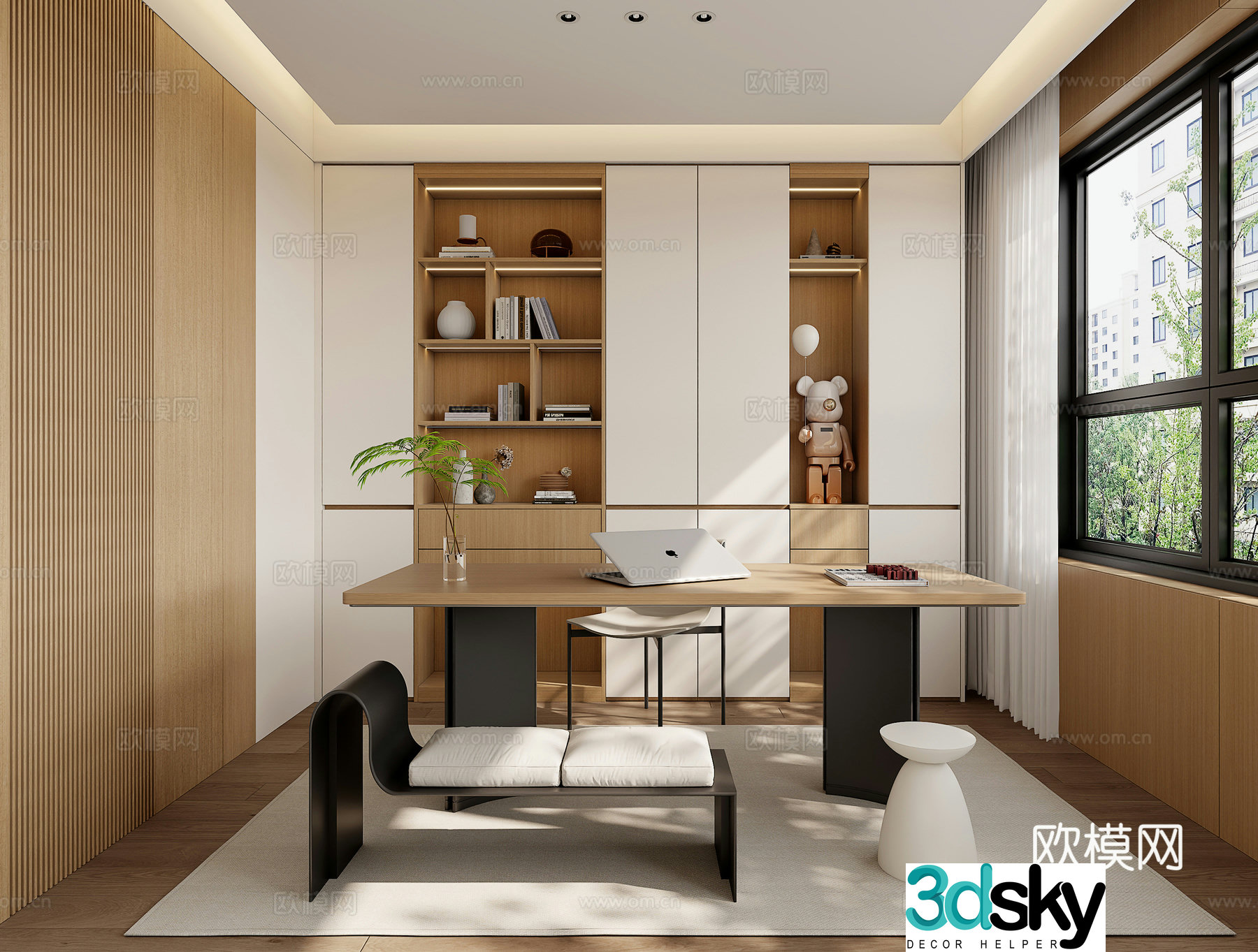 Modern study bookcase desk combination 3D model