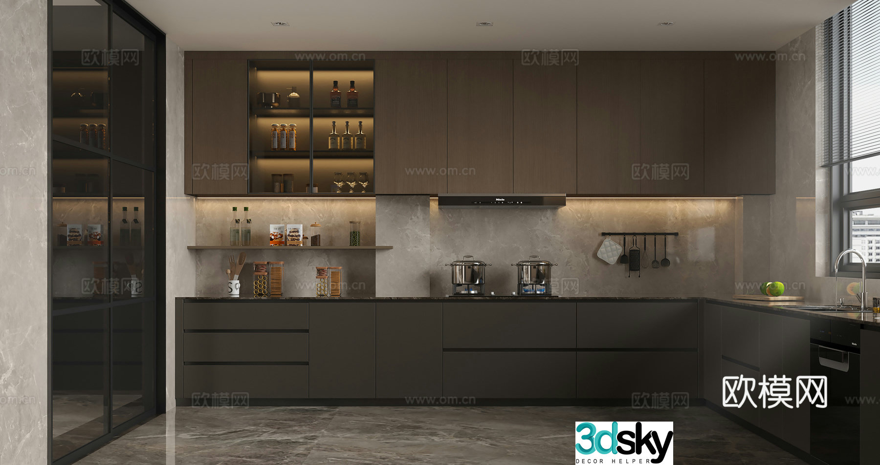 Italian minimalist kitchen L-shaped dark coffee-type kitchen ornaments gas stove range hood drawer glass hanging 3D model