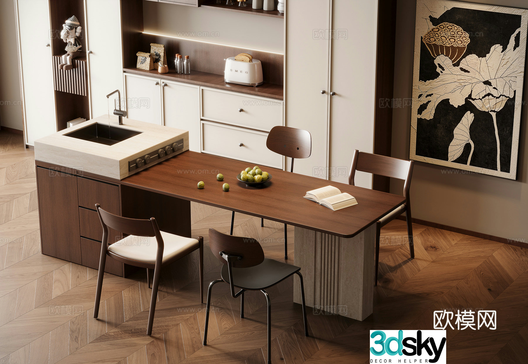 Medium style island dining table 3D model