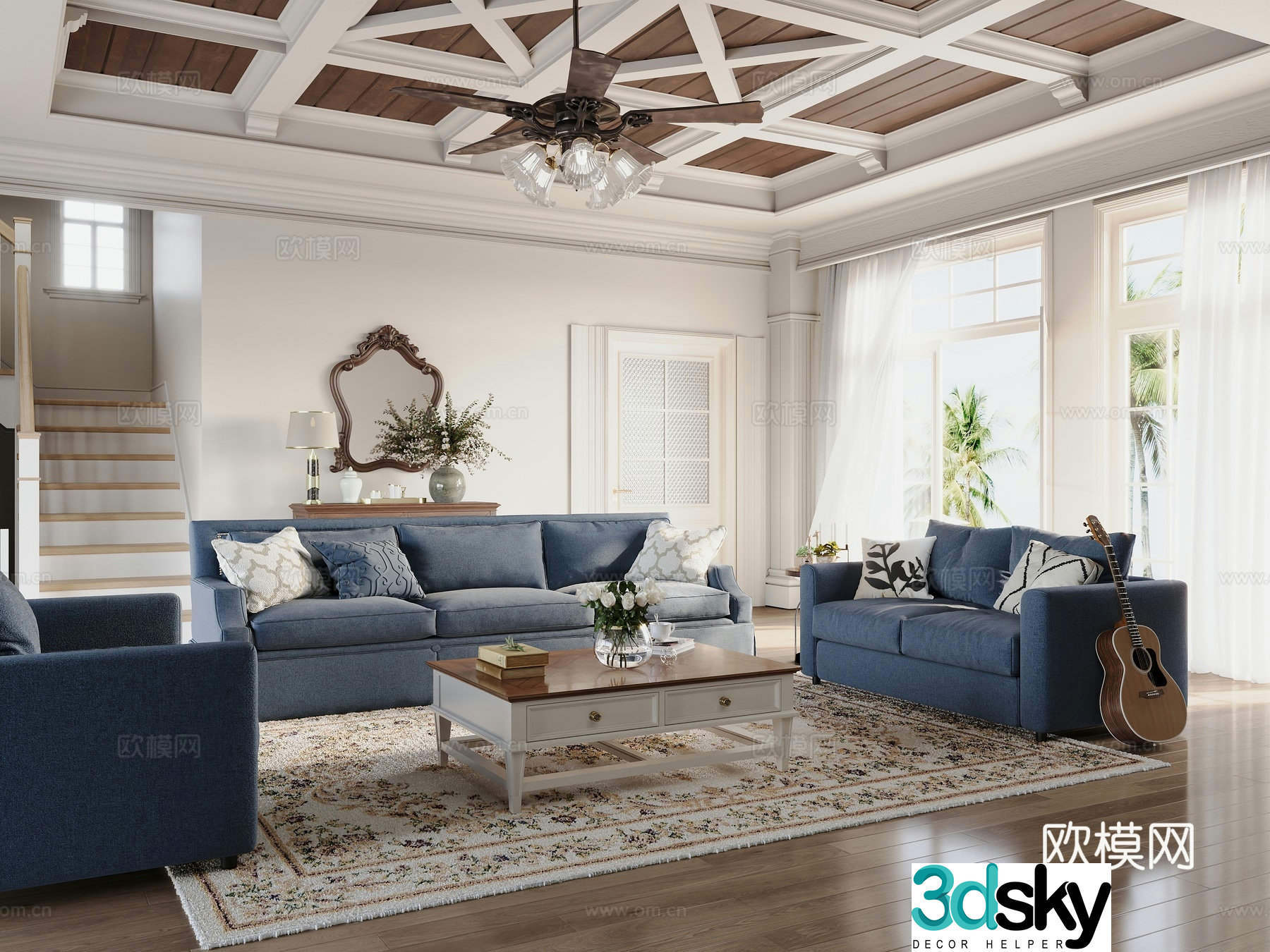American beach villa living room 3d model