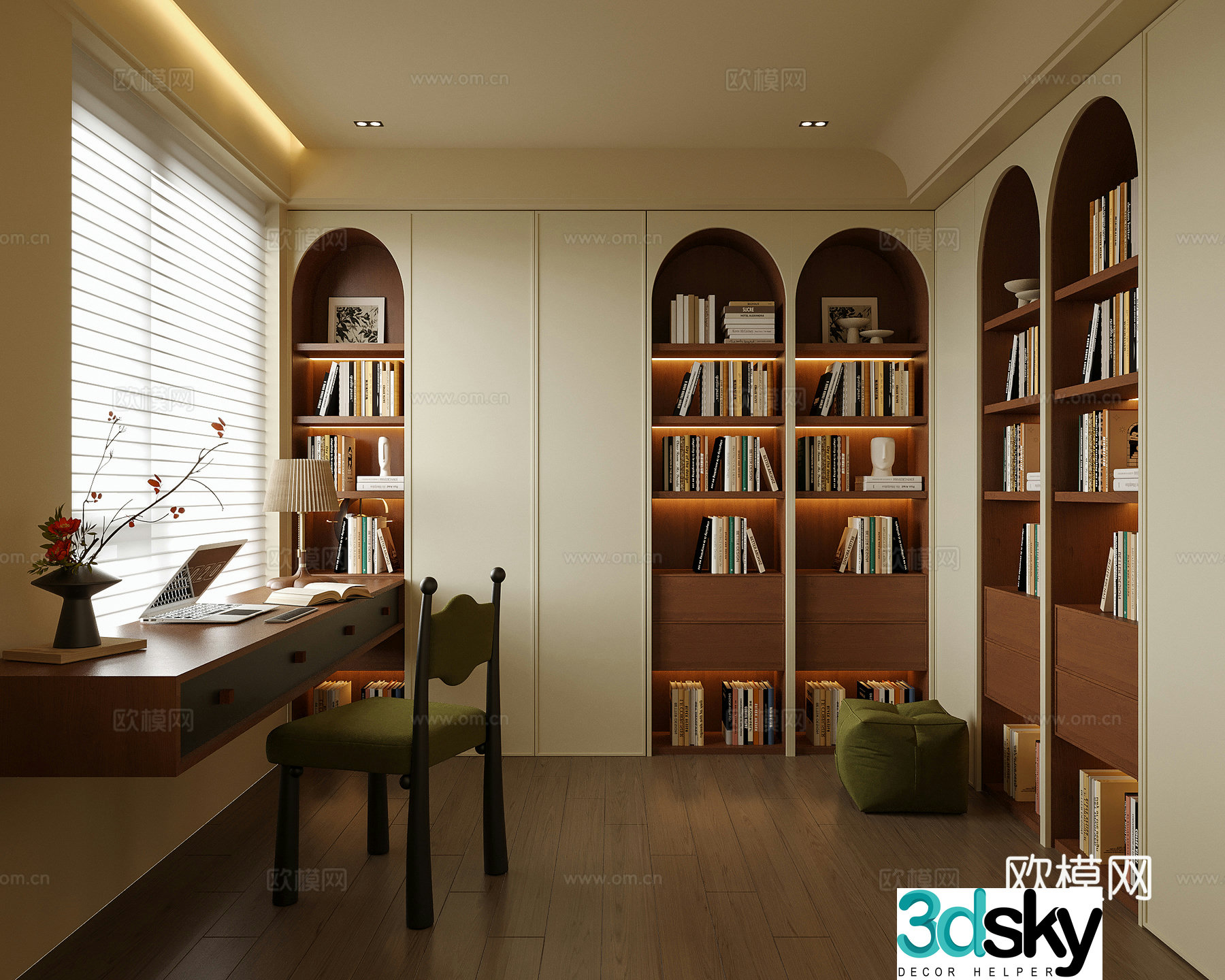 Modern study desk chair bookcase venetian blind 3d model