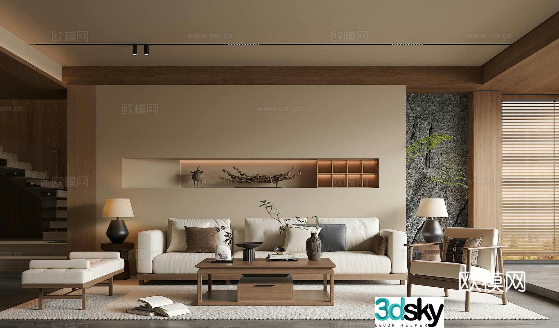 Song’s medieval style living room sofa and coffee table combination green plants accessories and decorations desk lamps background wall 3D model