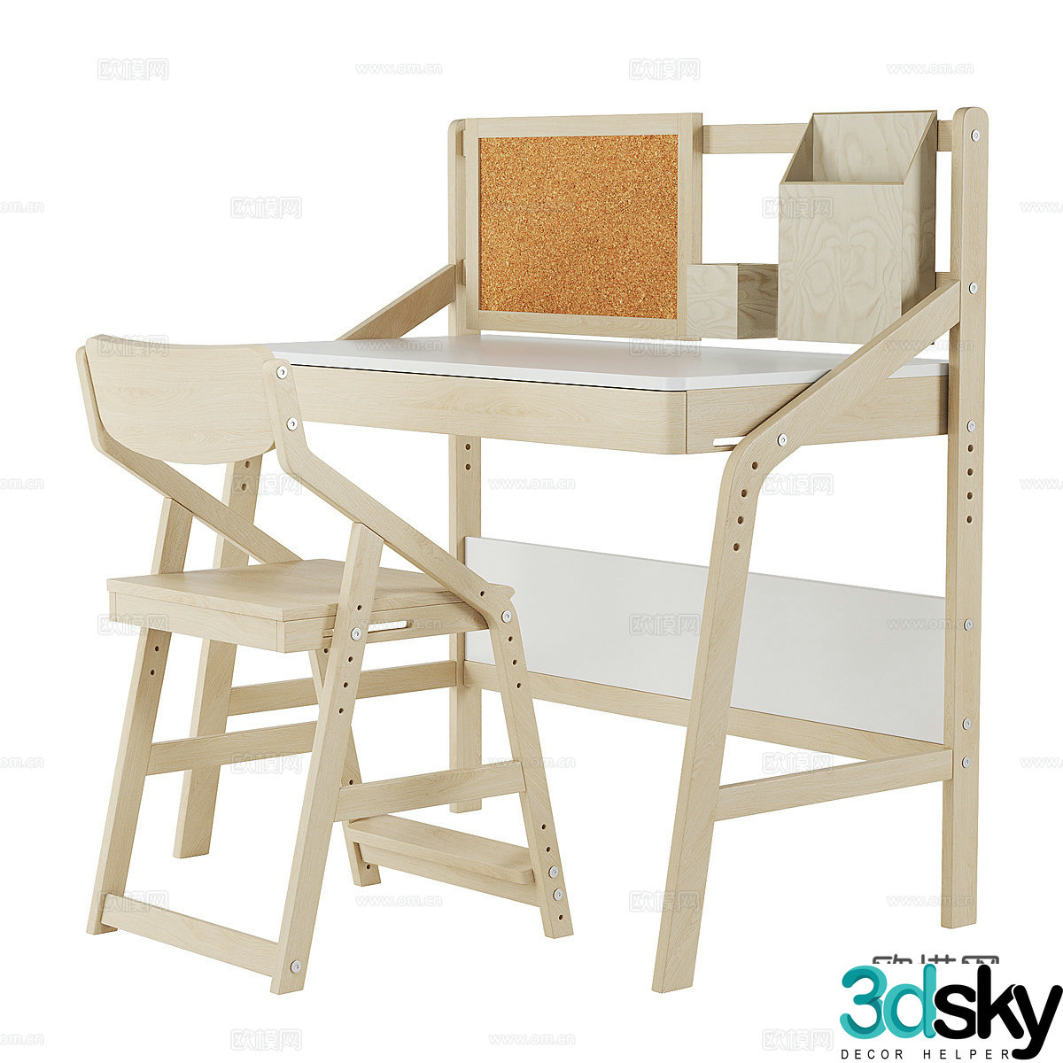 Modern Nordic log style children’s desk and chair 3d model