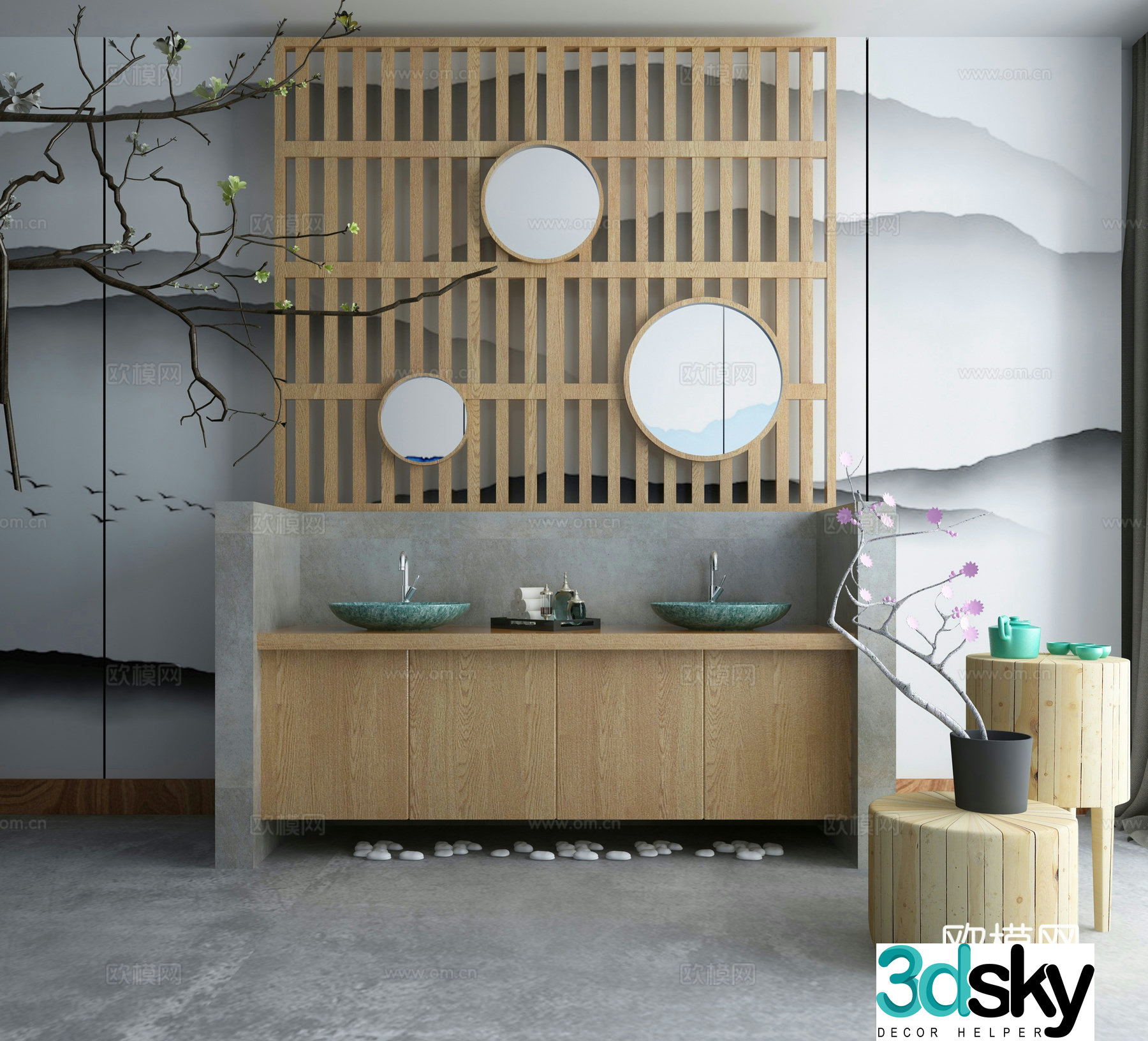 New Chinese style room women’s bathroom washbasin cabinet combination bathroom partition old wood coffee table 3D model