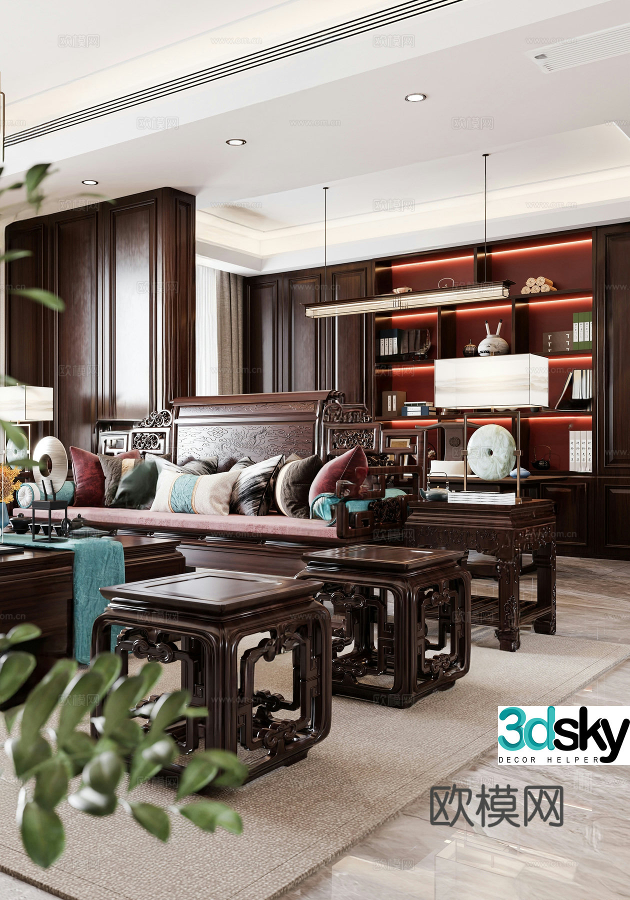 New Chinese style multi-person sofa living room 3D model
