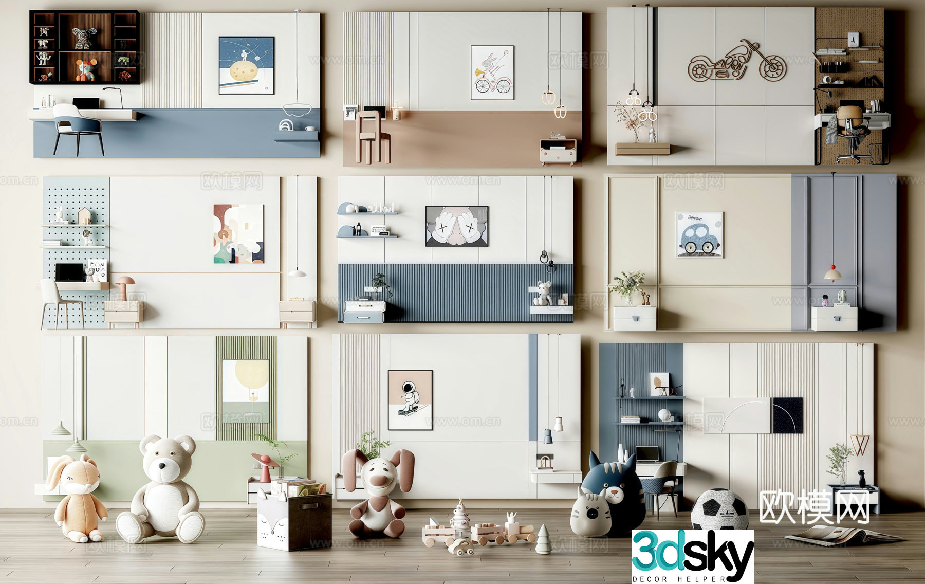 Modern children’s room background wall bed background wall decorative painting bedside table children’s room ornaments 3D model