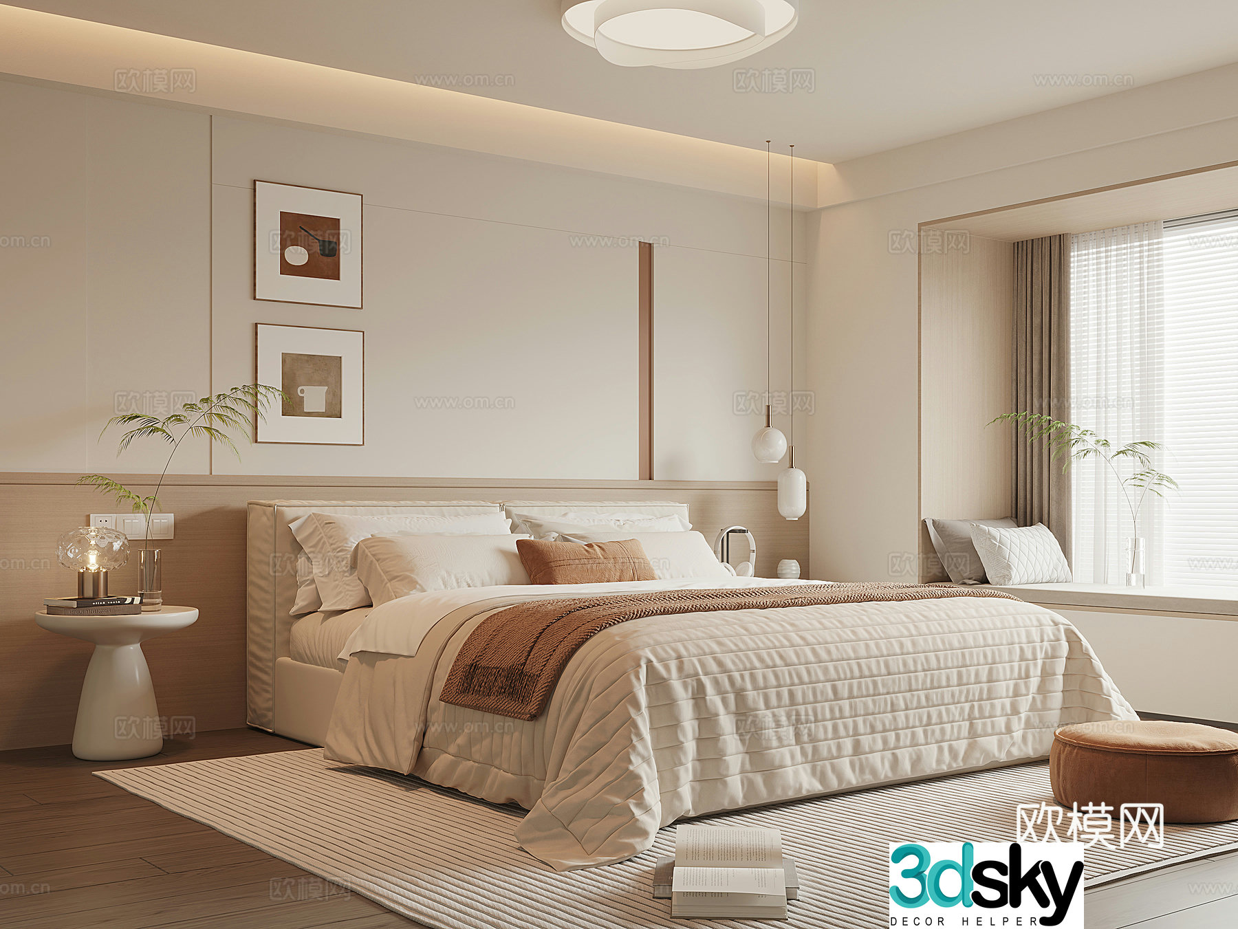 Modern creamy bedroom 3d model