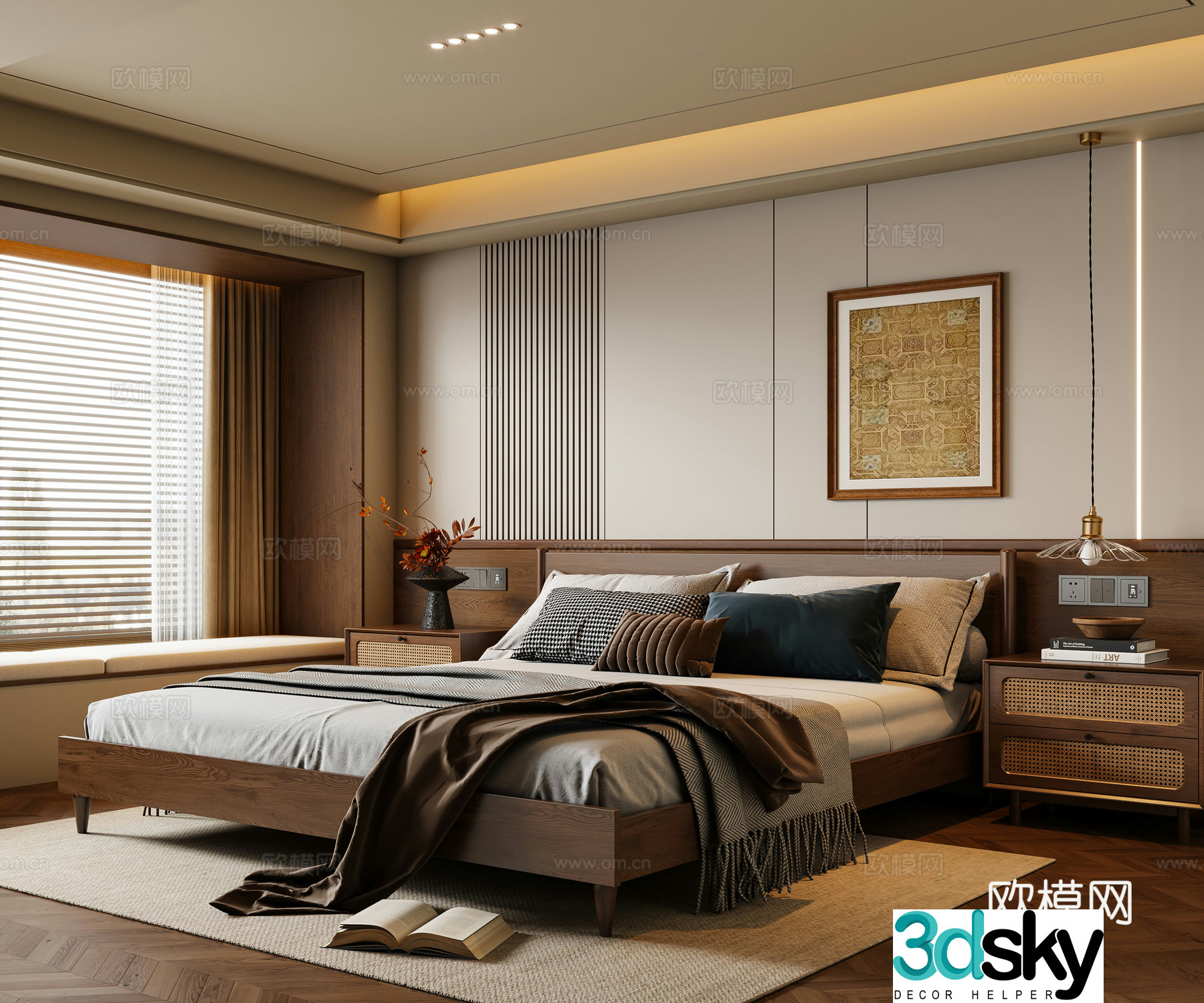 Middle-aged bedroom solid wood double bed nightstand chandeliers hanging paintings carpet 3D model