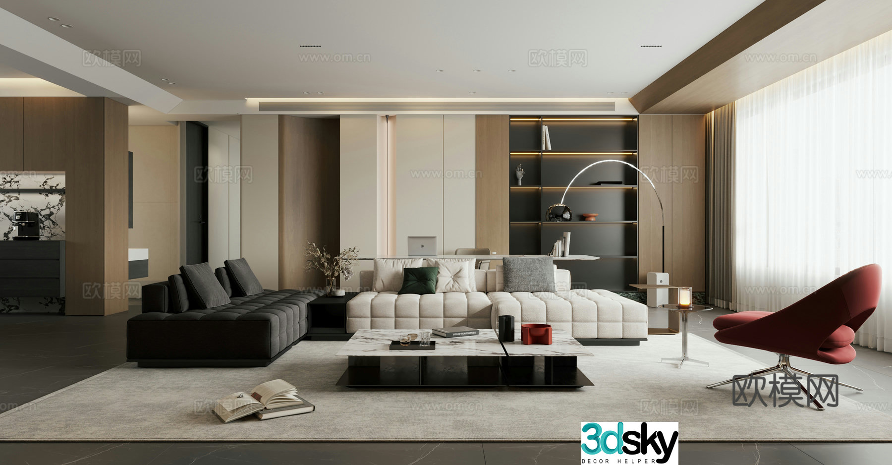 Italian minimalist home living and dining room large flat floor horizontal hall 3D model