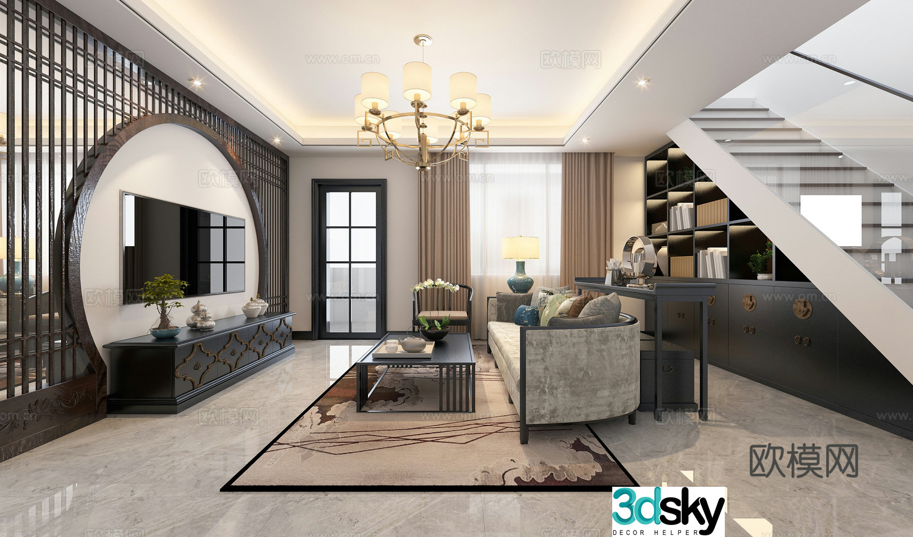 Modern new Chinese style living and dining room 3D model