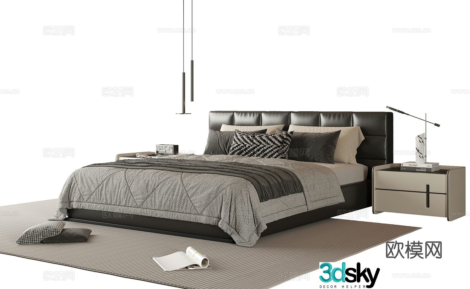 Modern double bed bedside table bedding 3d model