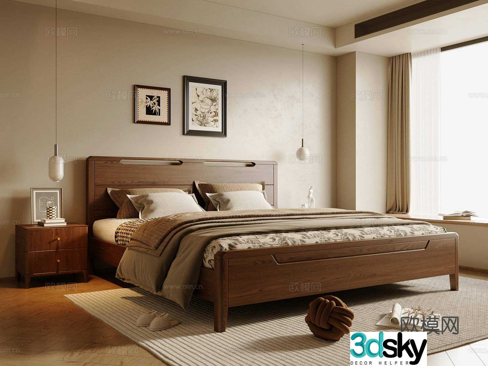 Middle style bedroom solid wood double bed master bedroom bed nightstand bedroom without master lamp decorative painting 3D model