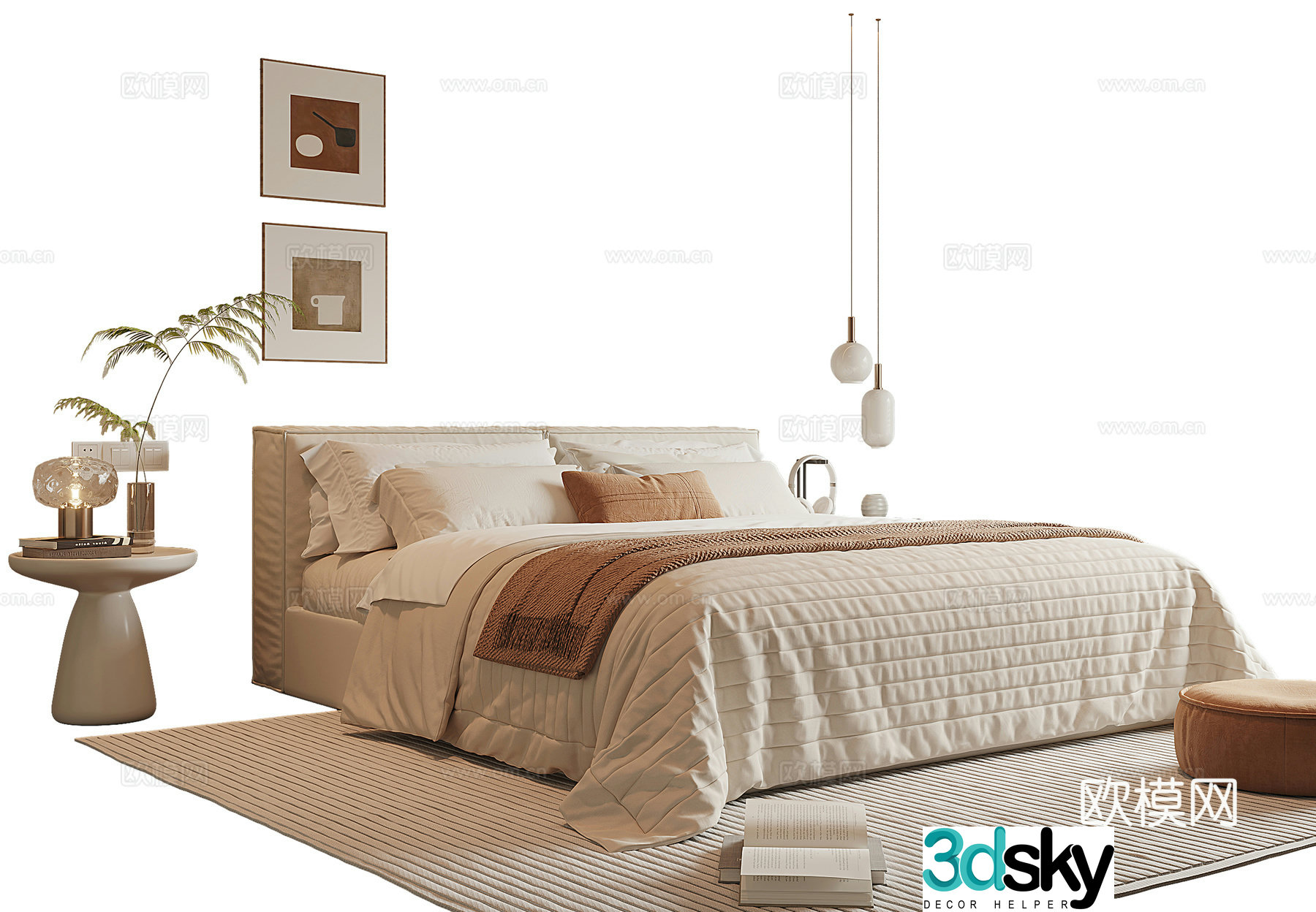 Modern cream style double bed 3d model