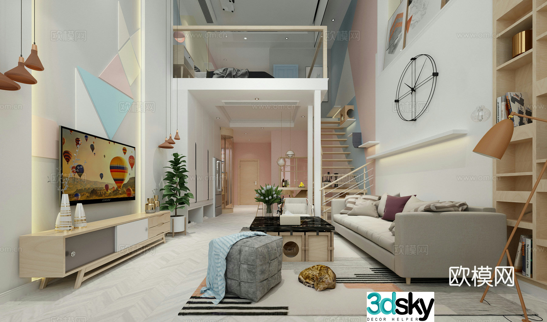 Nordic living room single cat theme apartment 3d model