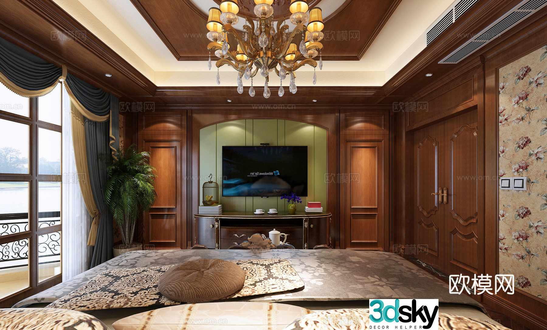 American style villa master bedroom bed background TV cabinet decoration 3d model
