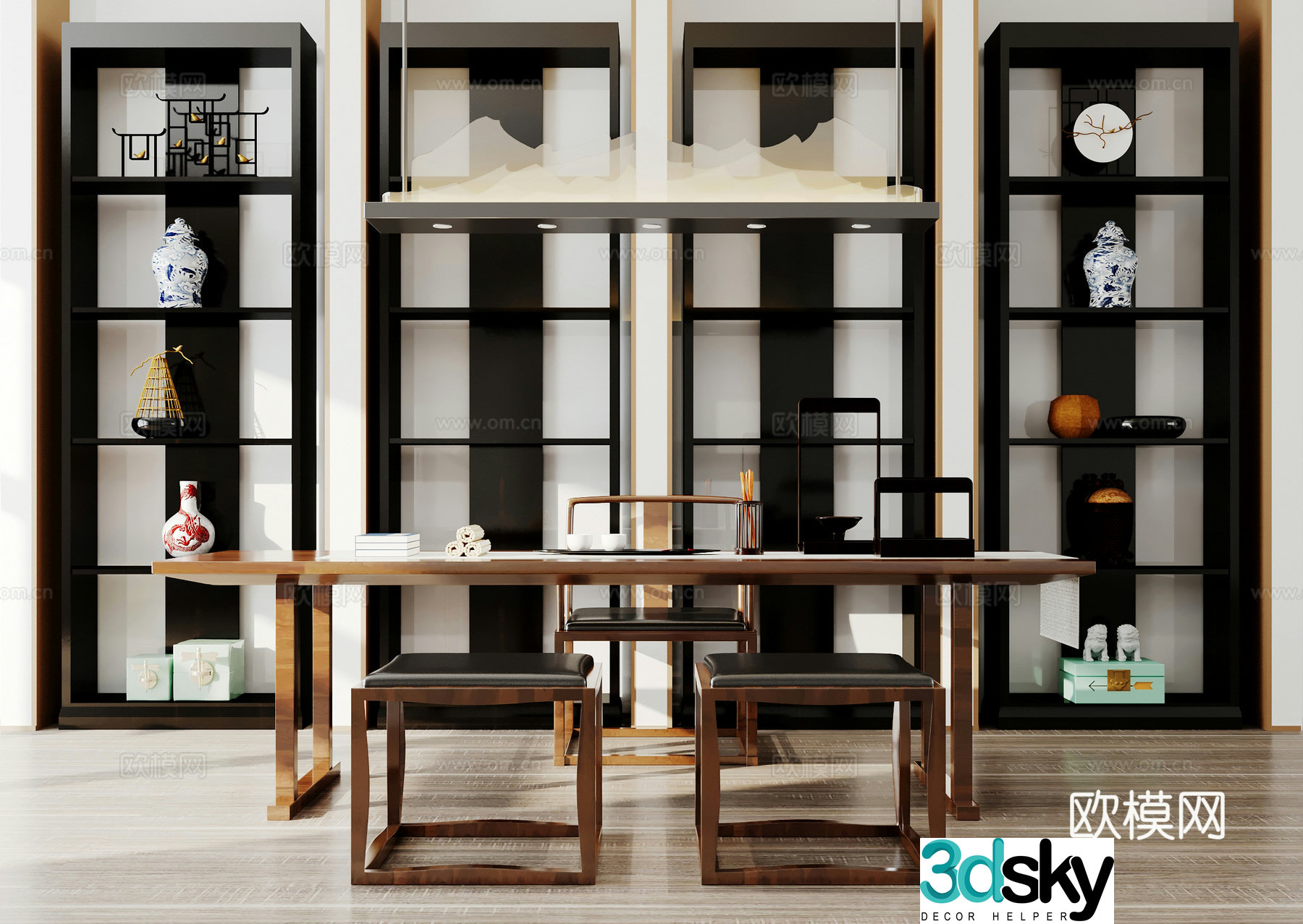 New Chinese style solid wood desk single chair bookcase chandelier ornament bookcase 3d model