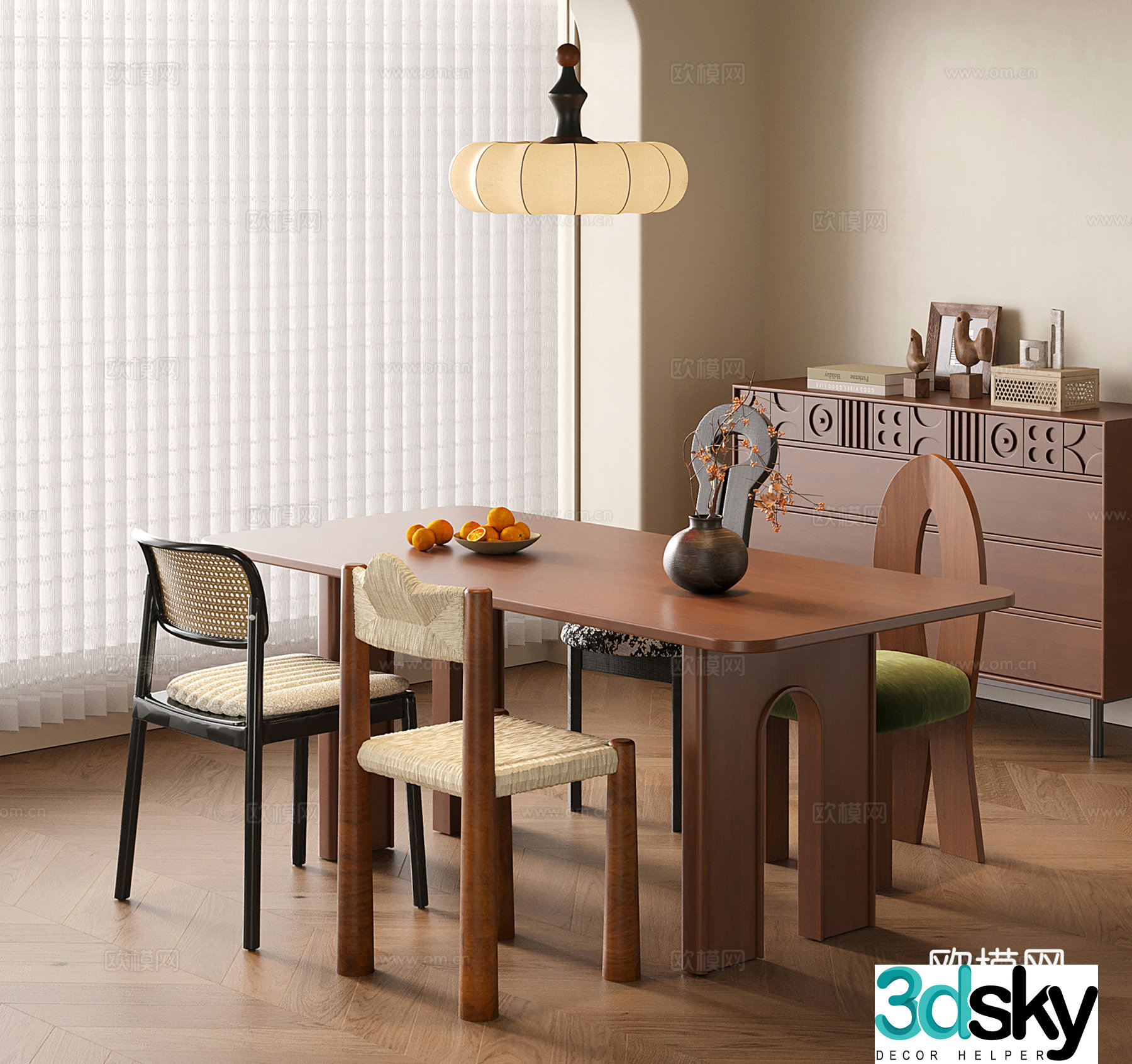 Medium-old dining table and chairs Wavia round dining table and dining chair 3D model