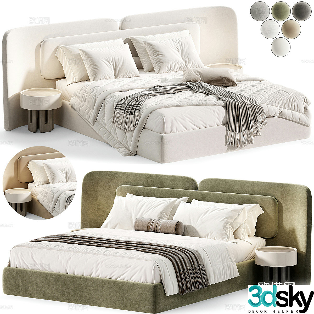 Modern Italian cream style fabric double bed 3d model