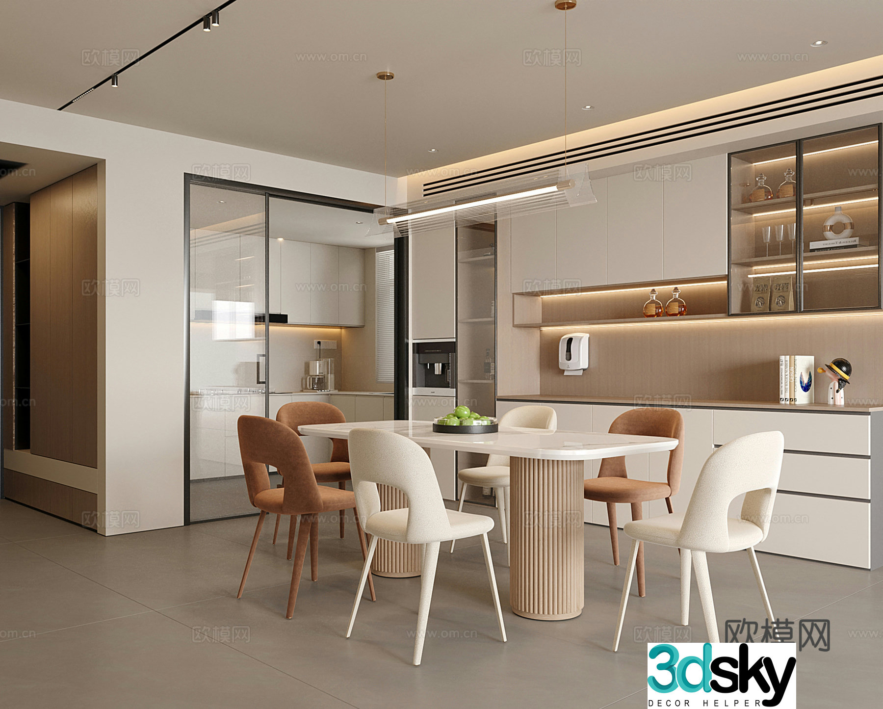 Modern restaurant dining table and chair wine cabinet chandeliers 3d model