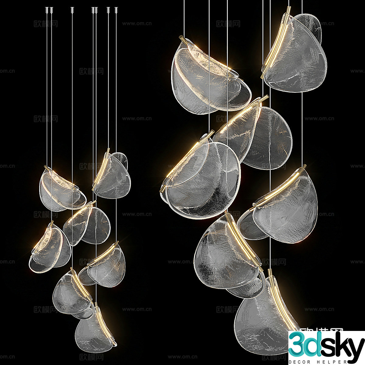 Modern light luxury metallic glass decorative chandelier 3d model