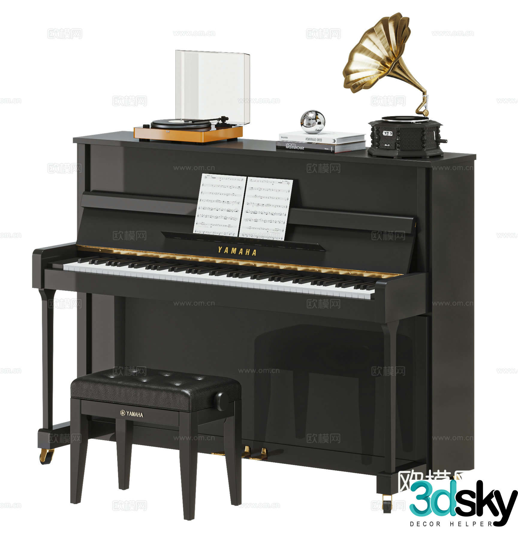 YAMAHA Modern Piano Record Player Gramophone Yamaha Piano Piano Bench 3D Model