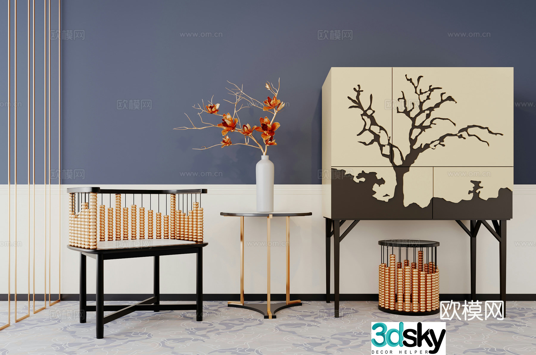 Neoclassical entrance cabinet plant ornament side coffee table single chair carpet 3D model
