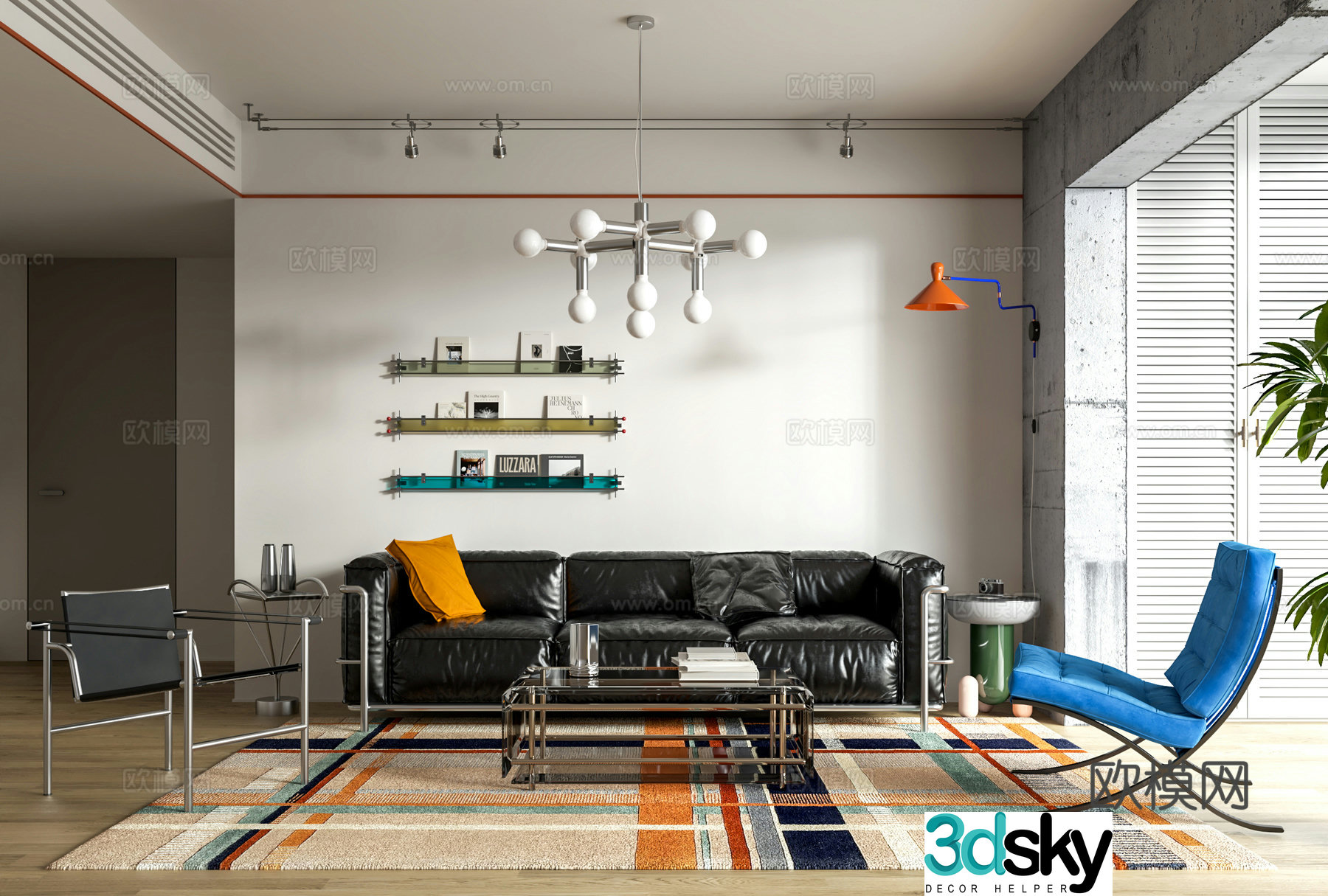 Bauhaus style living room Bauhaus sofa sofa coffee table combination chandelier Barcelona chair 3D model