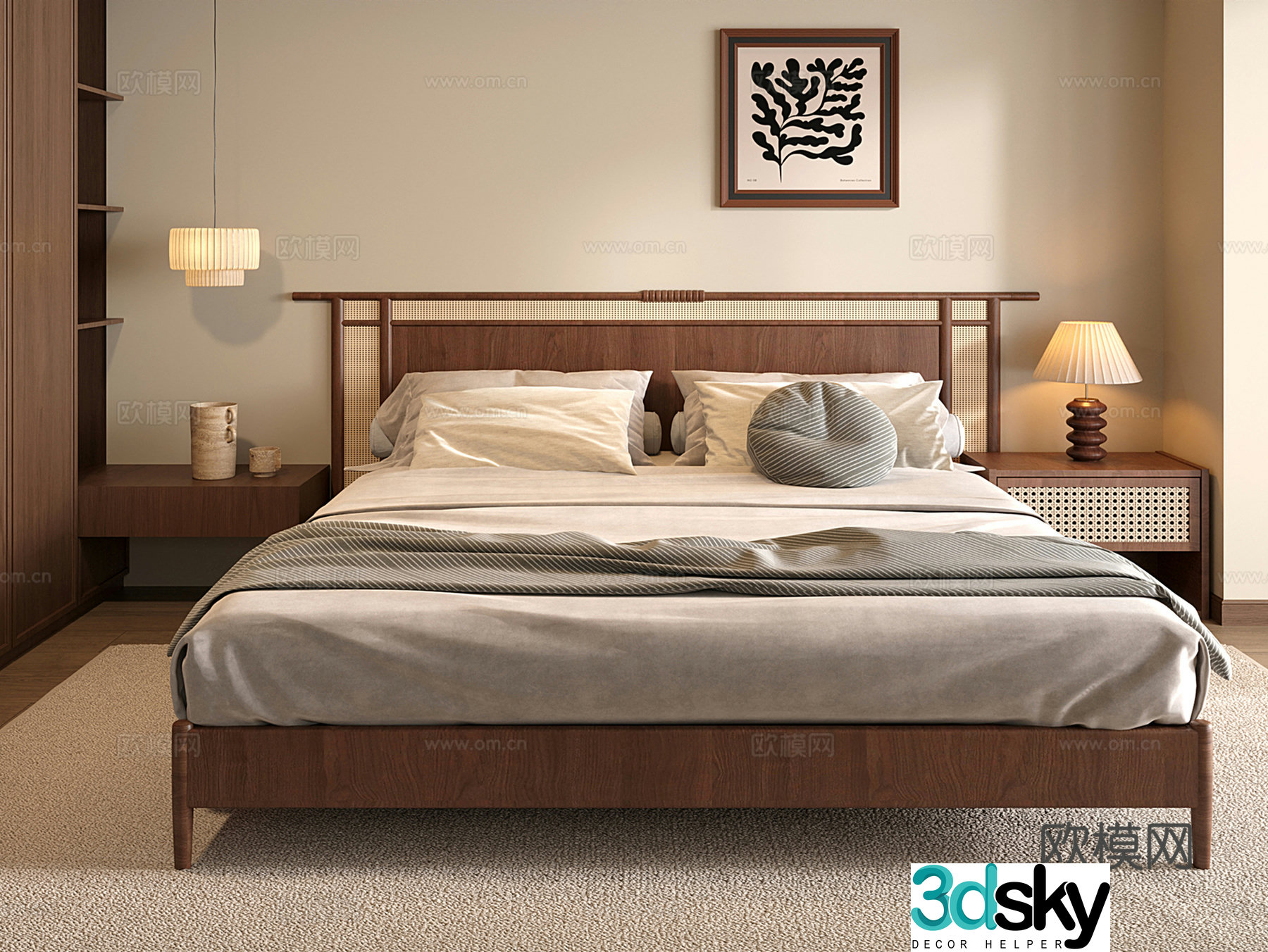 Medium style wooden rattan double bed nightstand 3D model