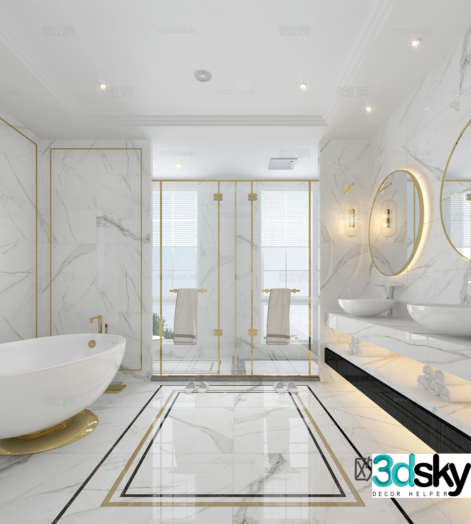 Classic white luxury bathroom dressing table bathtub shower room 3d model