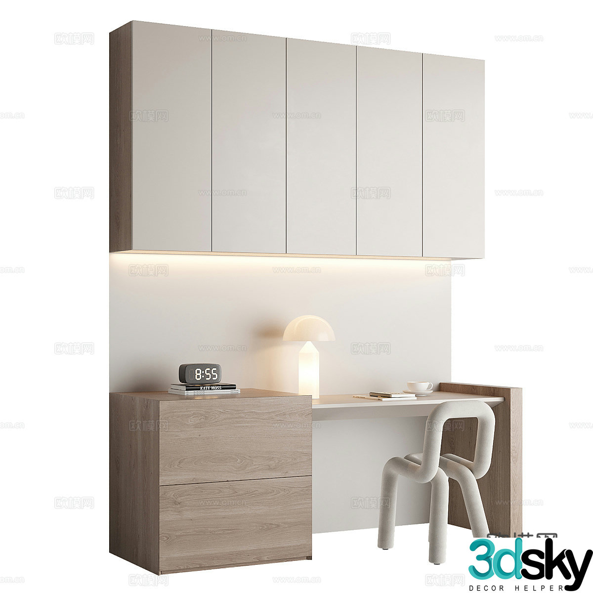 Modern minimalist bookcase desk and chair combination 3D model