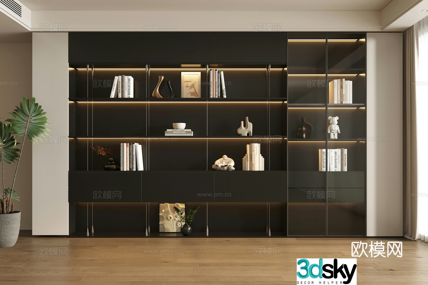 Modern bookcase wall-full bookcase decorative cabinet book borrowing ornaments 3D model