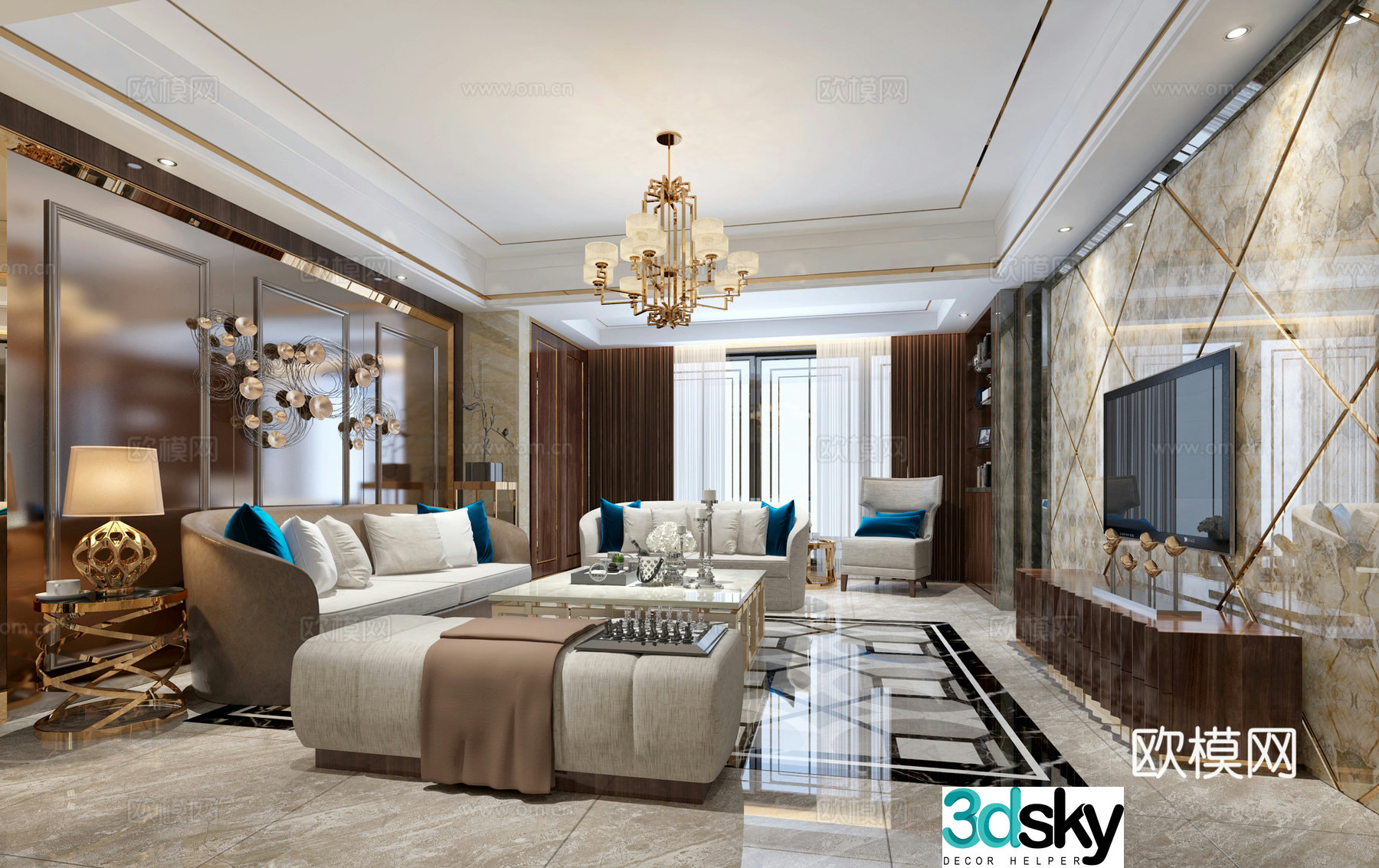 Postmodern living and dining room sofa coffee table chandelier 3d model
