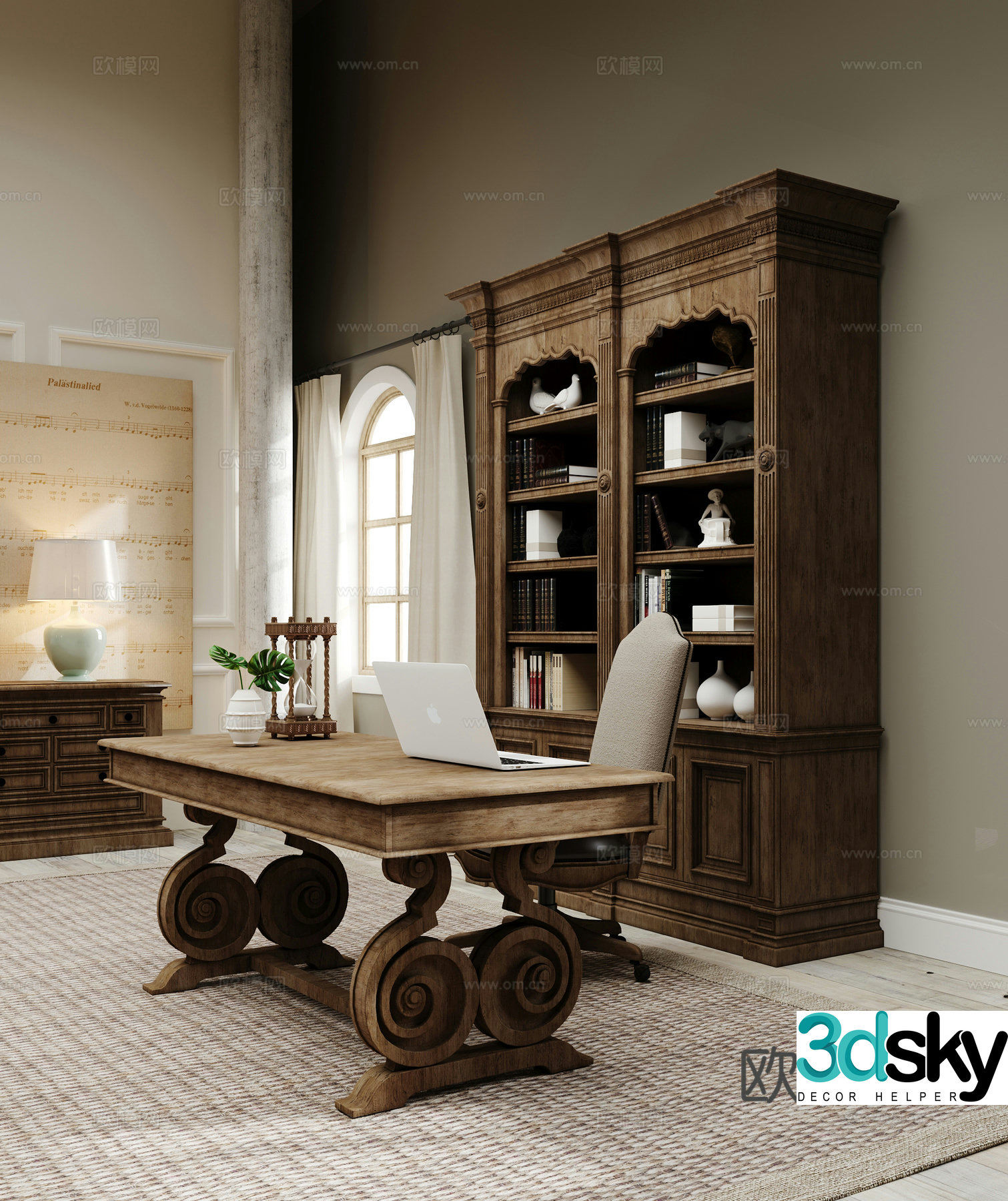 European classical study single chair desk bookcase entrance cabinet carpet decoration desk lamp 3D model