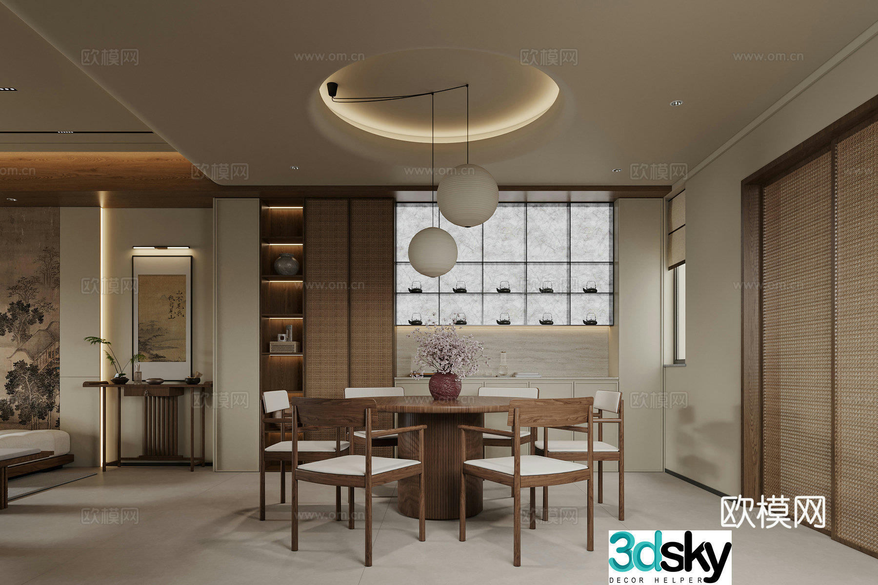 Song style restaurant Chinese style restaurant New Chinese style restaurant Restaurant Dining table chairs Wine cabinet Round table 3D model