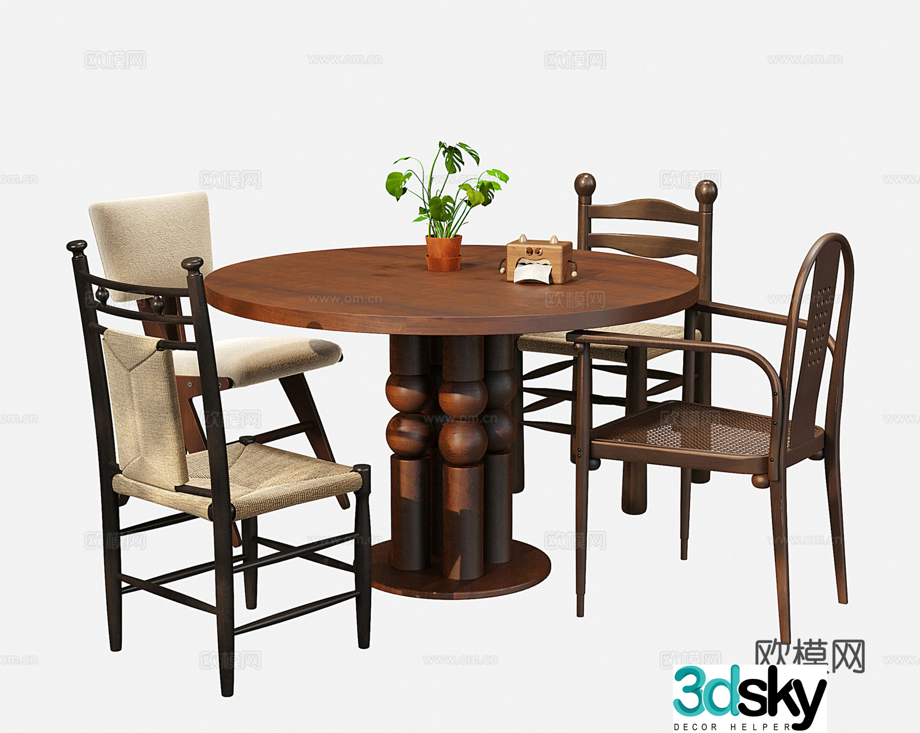 Medium-old dining table and chairs Wavia round dining table and dining chair 3D model