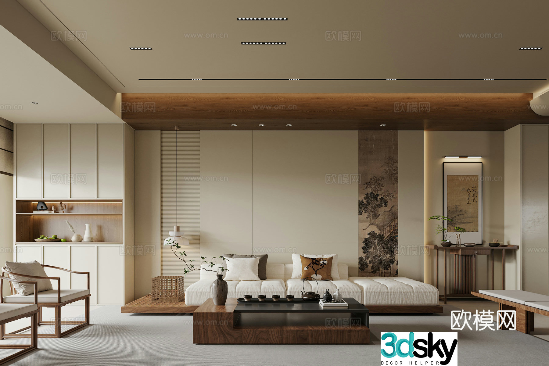 Song style living room New Chinese style living room Chinese style living room Sofa coffee table combination Sofa background 3D model